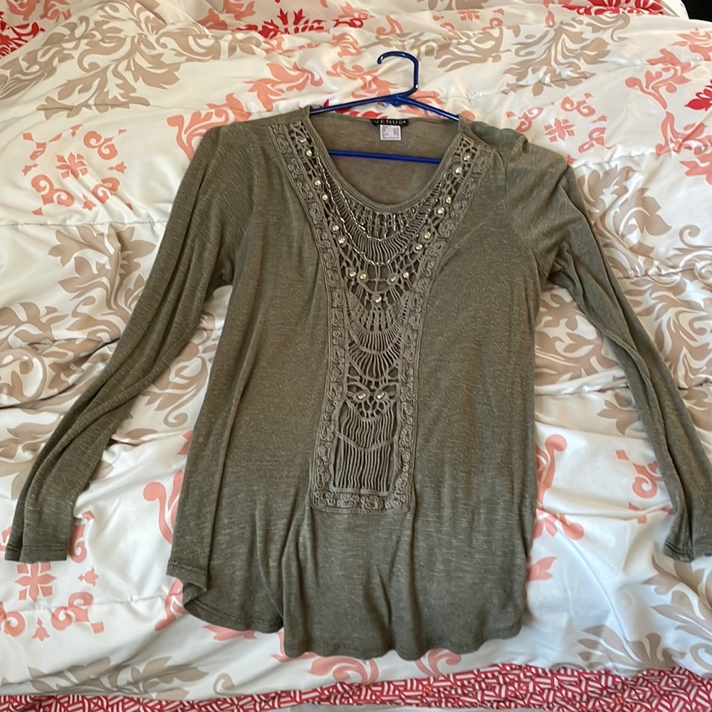 Lg olive greenish gray color long sleeve top with see through design